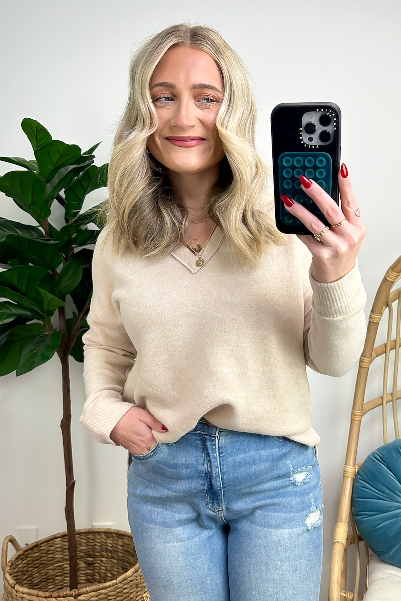  Elvy Long Sleeve Split V-Neck Brushed Knit Top - Madison and Mallory