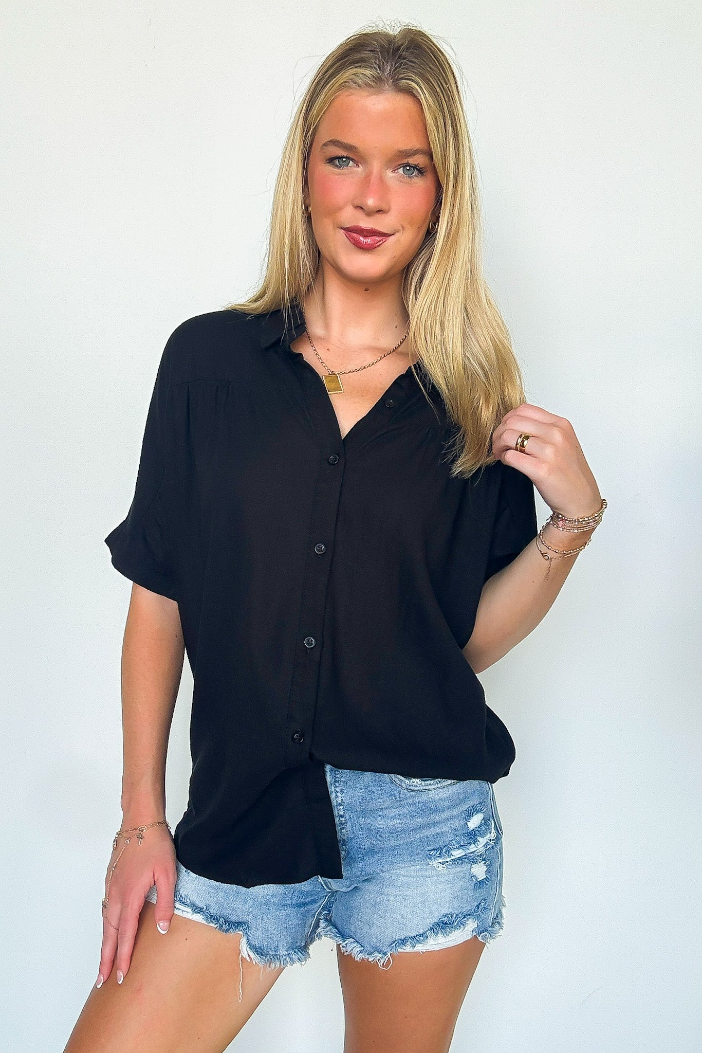 Black / S Emaleigh Button Up Collared Dolman Shirt - Madison and Mallory