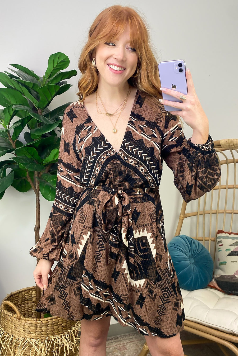 Brown / S Emberlie Geo Print Belted Dress - FINAL SALE - Madison and Mallory