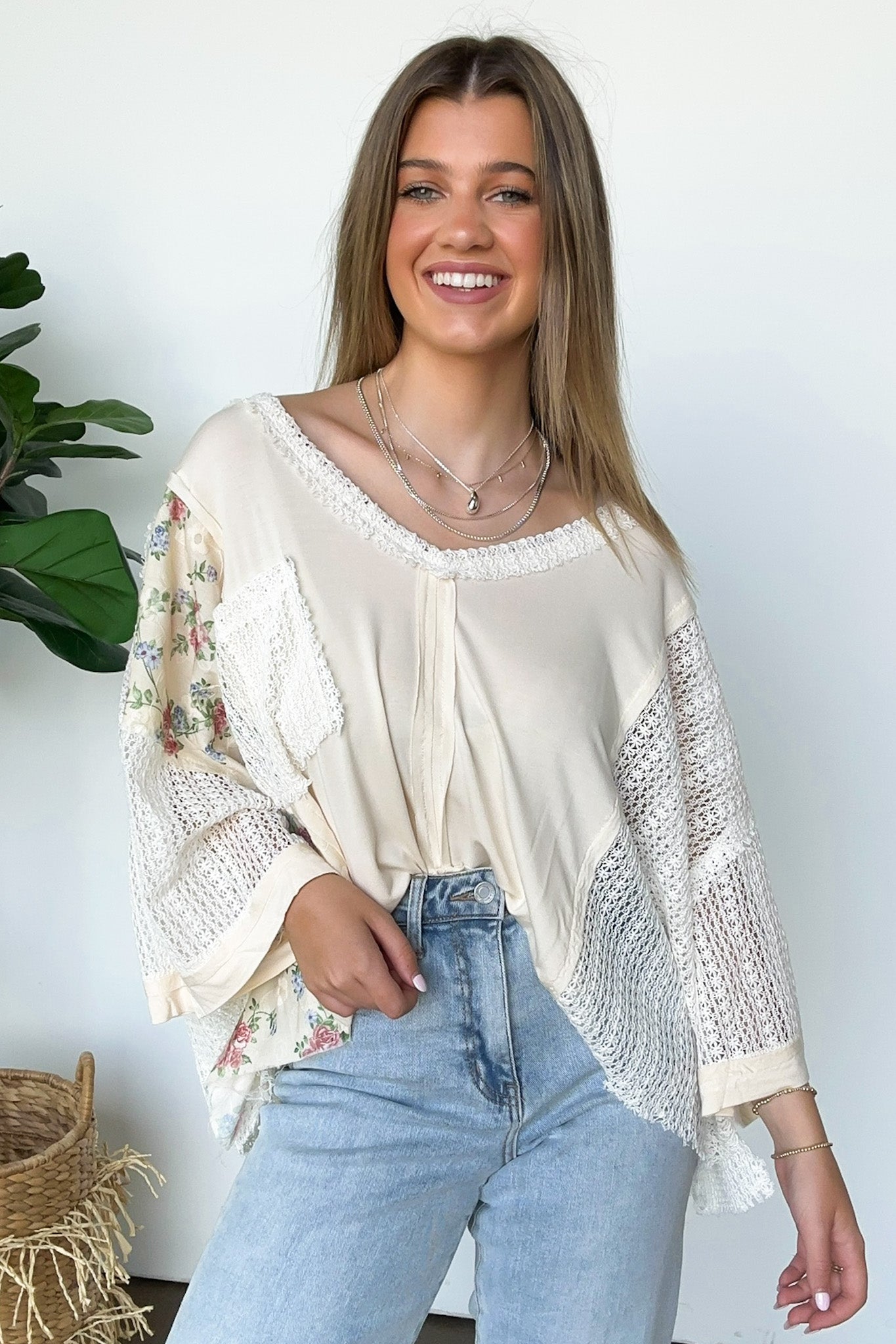 Cream / S Embley Floral and Lace Contrast Relaxed Top - Madison and Mallory