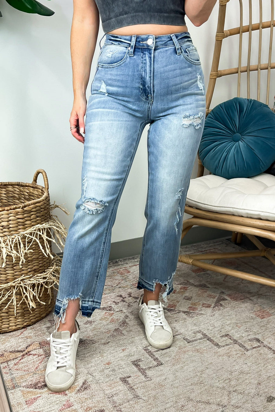Medium / 1 Emelle High Rise Cropped Straight Distressed Jeans - Madison and Mallory
