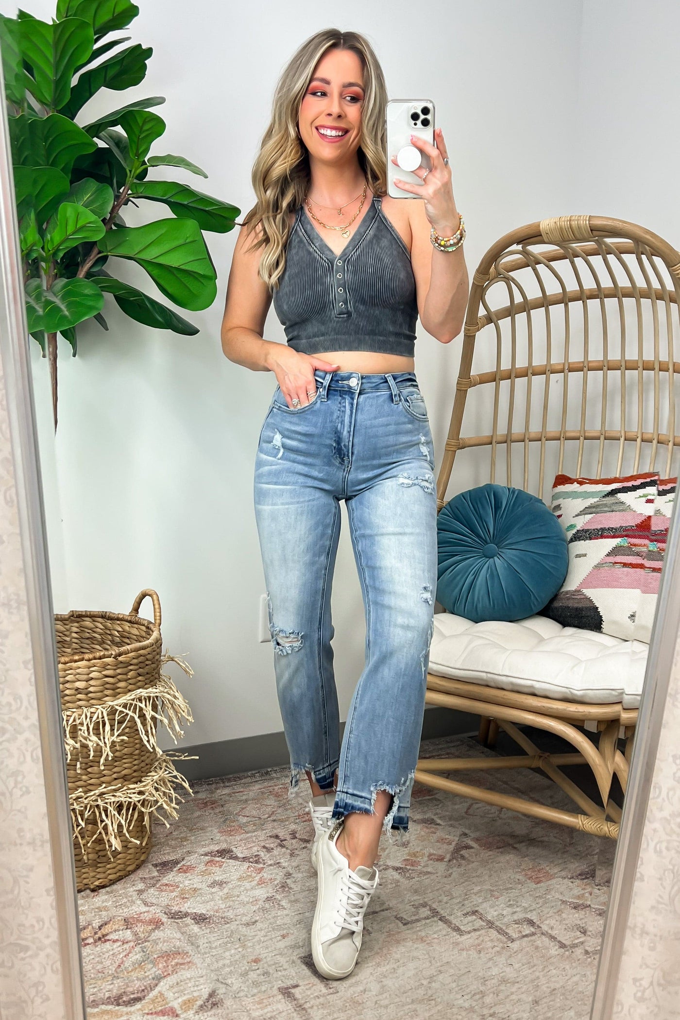  Emelle High Rise Cropped Straight Distressed Jeans - Madison and Mallory