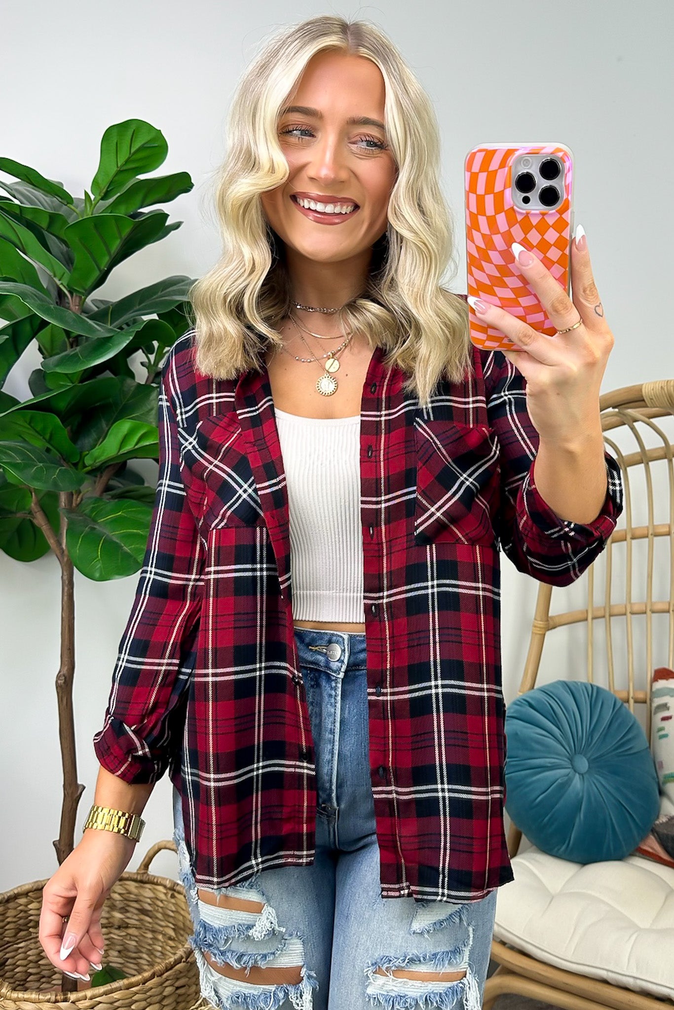 Red / S Emerie Oversized Plaid Button Down Top - FINAL SALE - Madison and Mallory