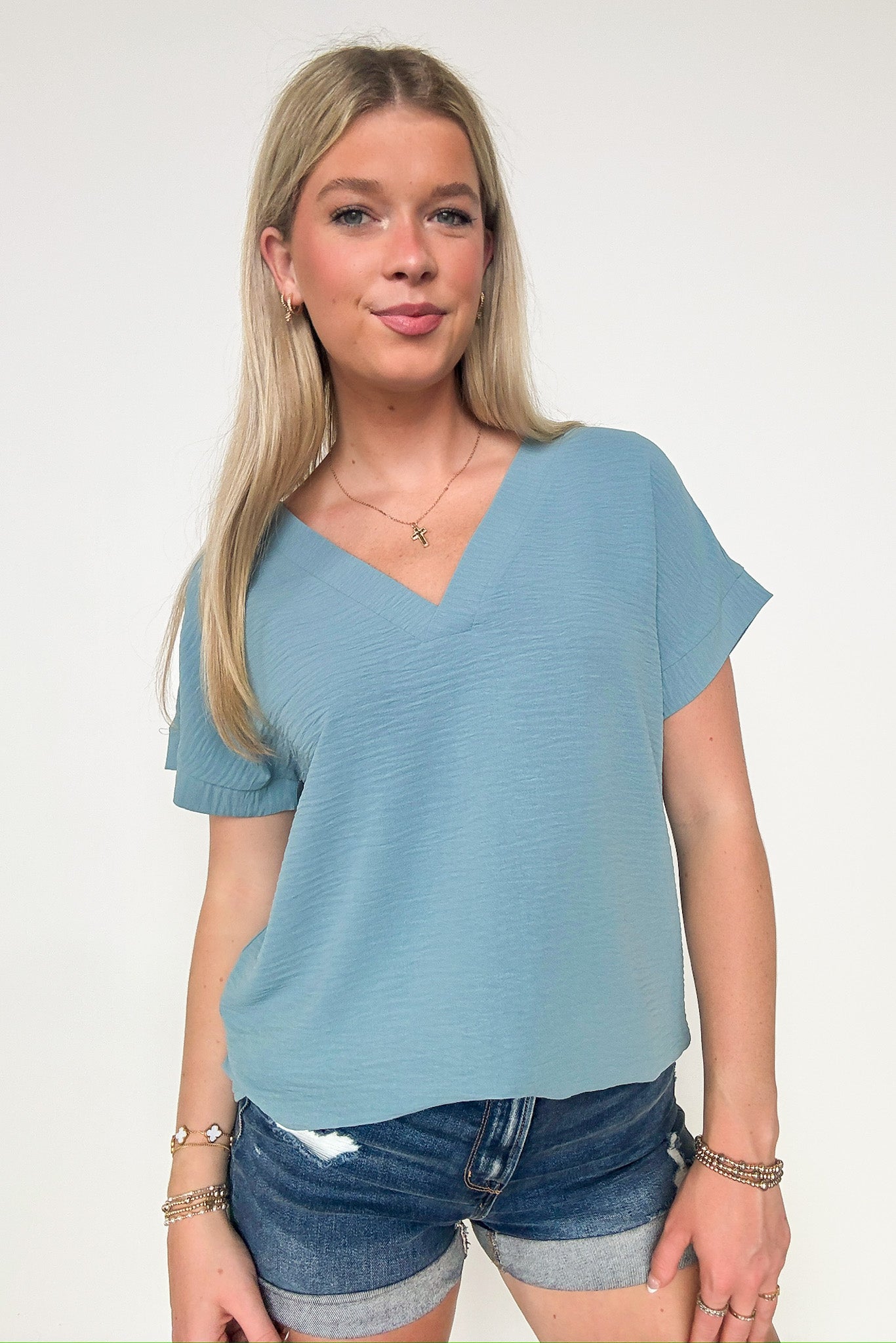 Blue Gray / S Emileigh V-Neck Relaxed Fit Top - BACK IN STOCK - Madison and Mallory