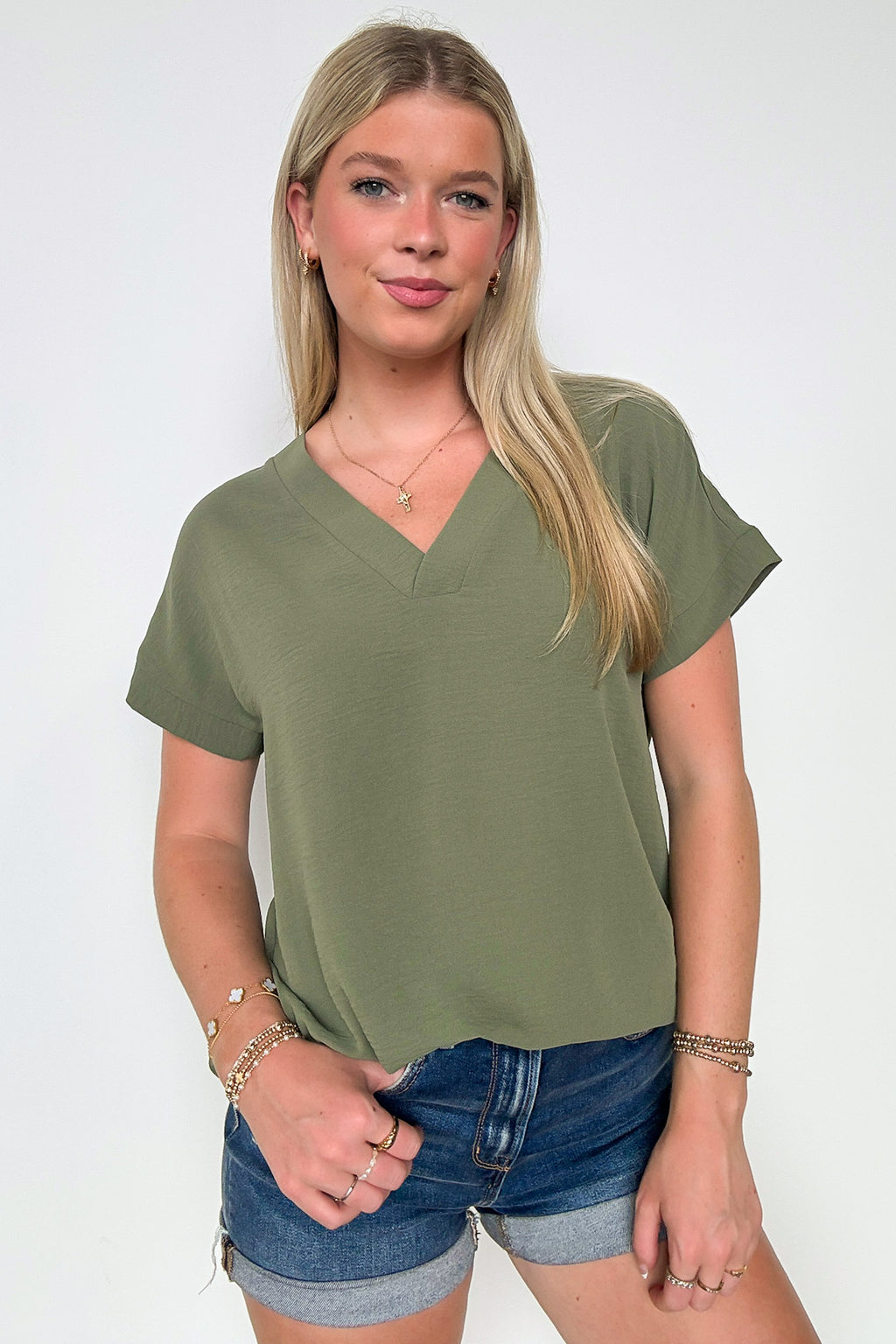 Light Olive / S Emileigh V-Neck Relaxed Fit Top - FINAL SALE - Madison and Mallory