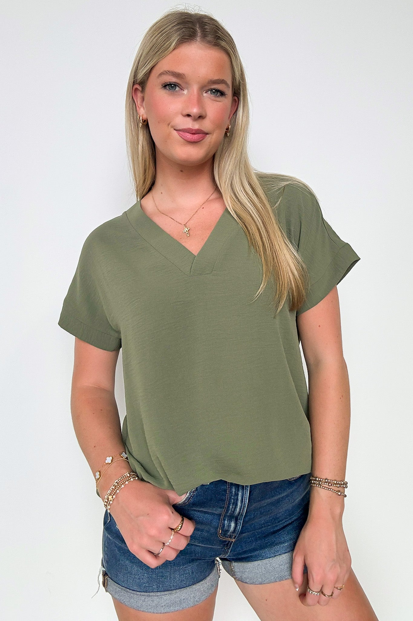 Light Olive / S Emileigh V-Neck High Low Top - BACK IN STOCK - Madison and Mallory