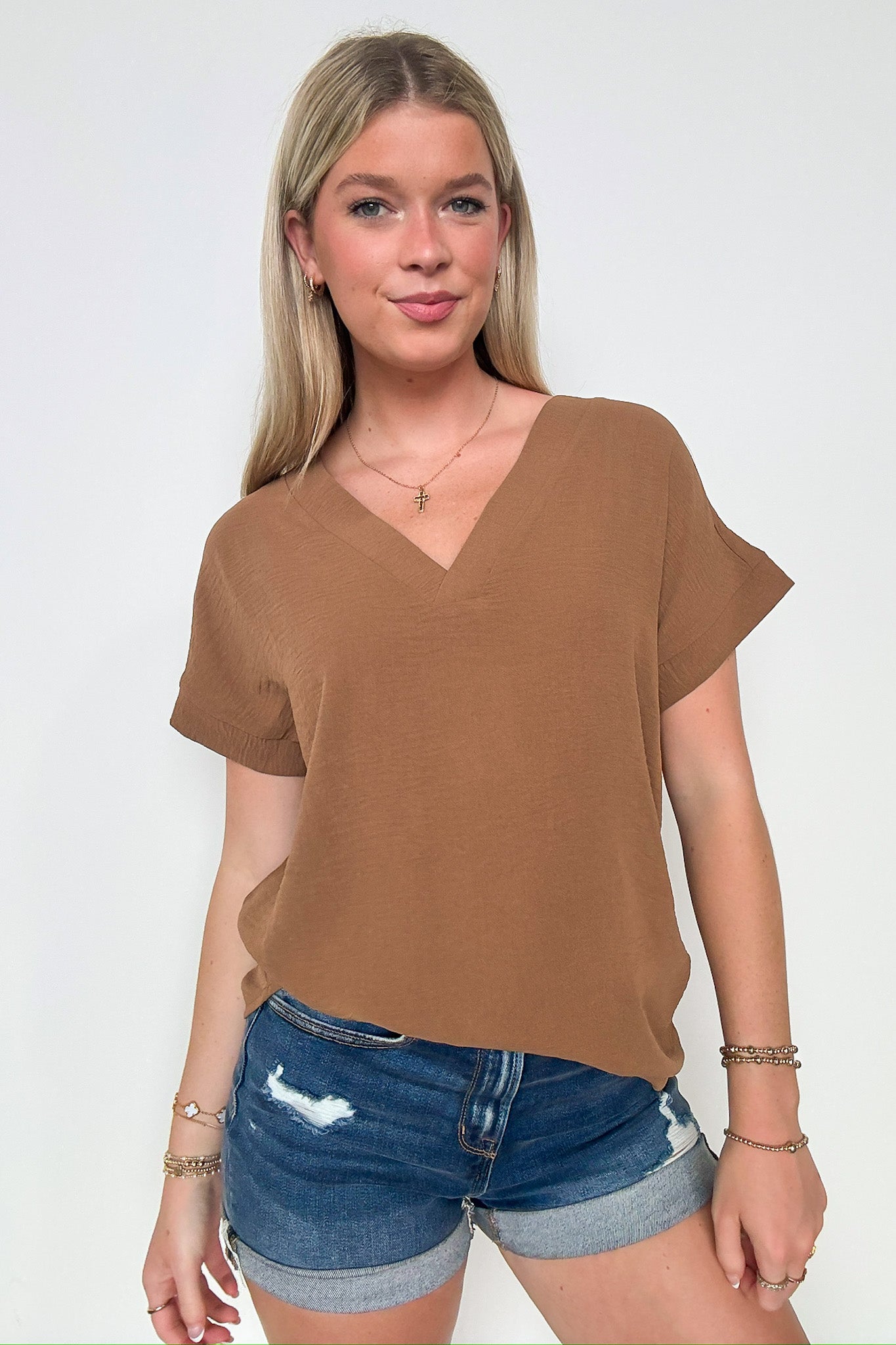 Deep Camel / S Emileigh V-Neck High Low Top - BACK IN STOCK - Madison and Mallory