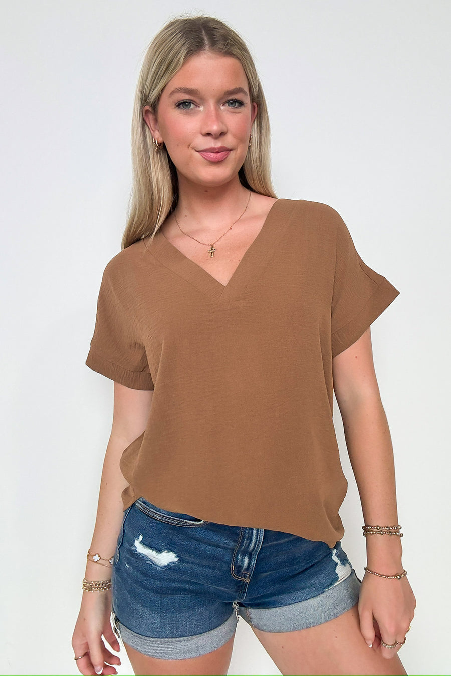 Deep Camel / S Emileigh V-Neck Relaxed Fit Top - FINAL SALE - Madison and Mallory