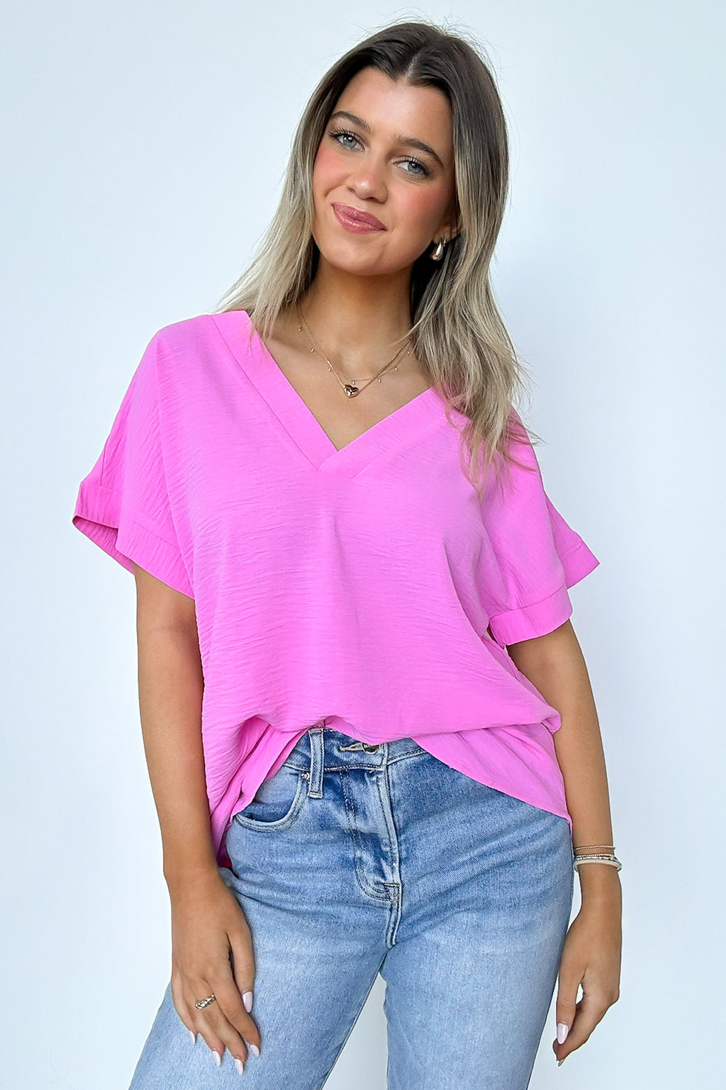 Candy Pink / S Emileigh V-Neck Relaxed Fit Top - FINAL SALE - Madison and Mallory