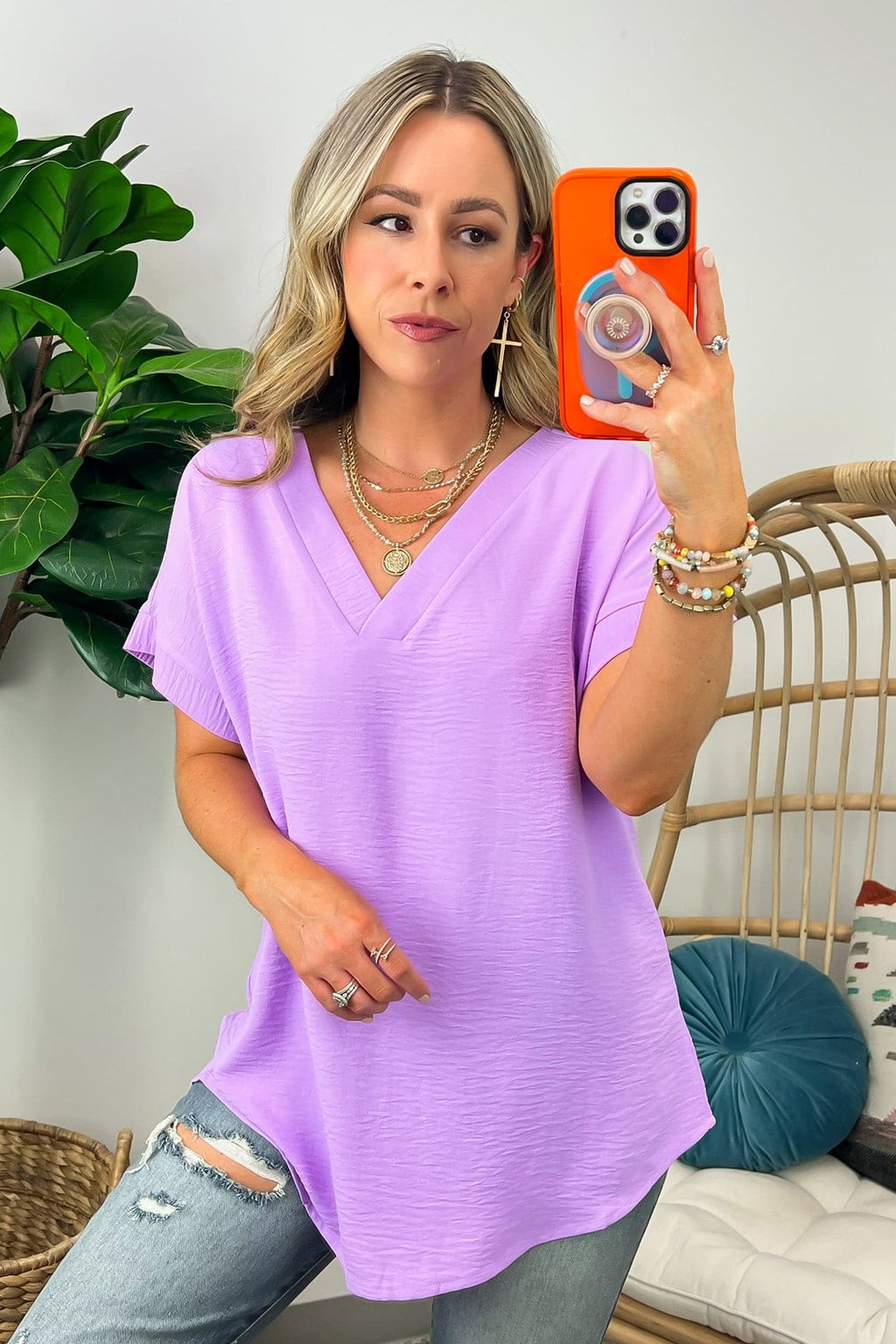 Bright Lavender / S Emileigh V-Neck Relaxed Fit Top - FINAL SALE - Madison and Mallory