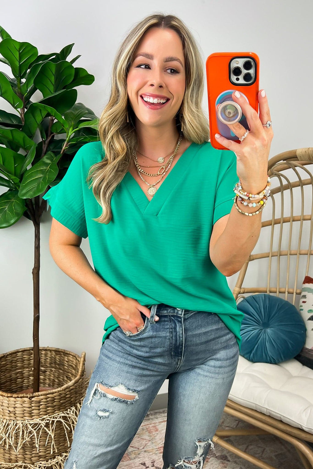 Kelly Green / S Emileigh V-Neck Relaxed Fit Top - FINAL SALE - Madison and Mallory