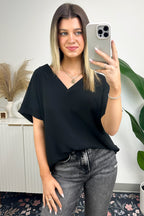 Black / S Emileigh V-Neck Relaxed Fit Top - FINAL SALE - Madison and Mallory