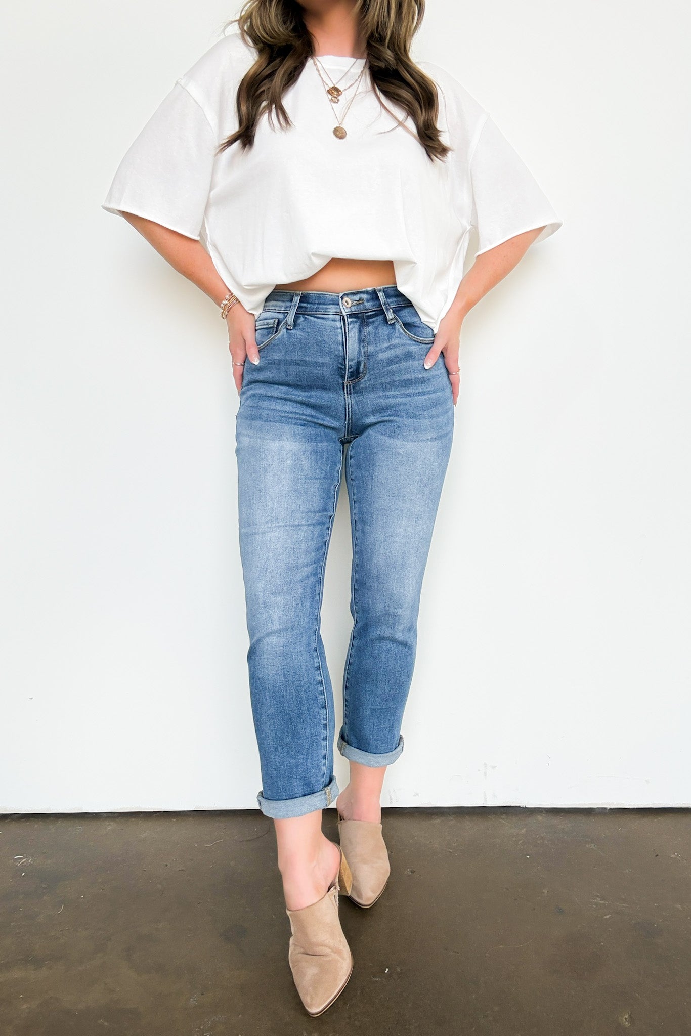  Emsley Mid Rise Slim Boyfriend Roll Hem Jeans - Madison and Mallory