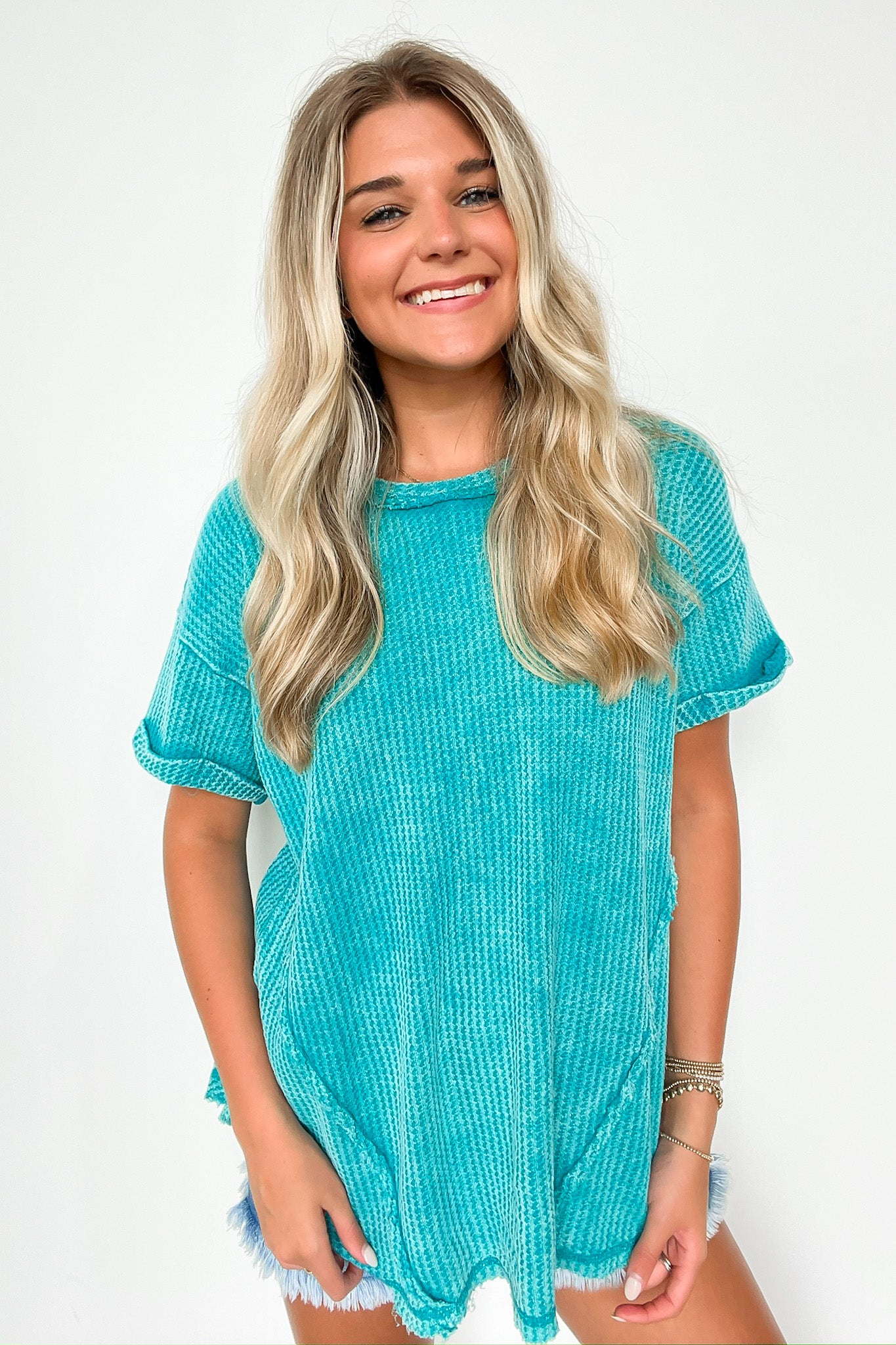 Light Teal / SM Eudorah Washed Waffle Knit Top - BACK IN STOCK - Madison and Mallory