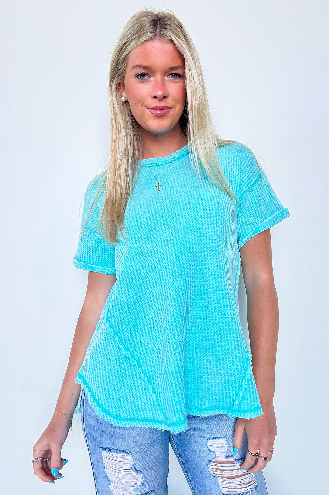 Mint Sky / SM Eudorah Washed Waffle Knit Top - BACK IN STOCK - Madison and Mallory