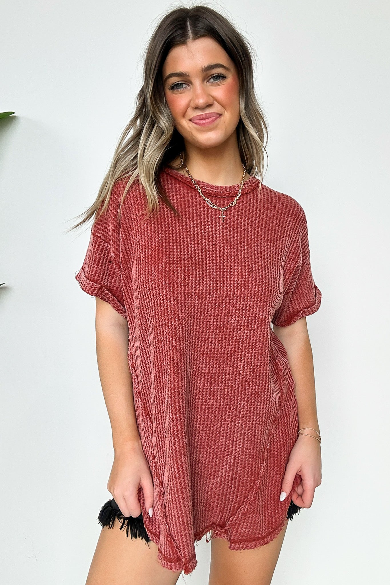Rust / SM Eudorah Washed Waffle Knit Top - BACK IN STOCK - Madison and Mallory