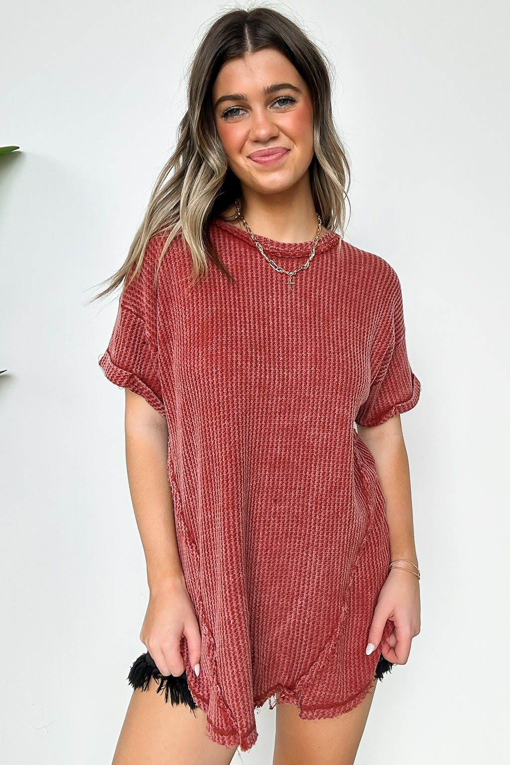 Rust / SM Eudorah Washed Waffle Knit Top - Madison and Mallory