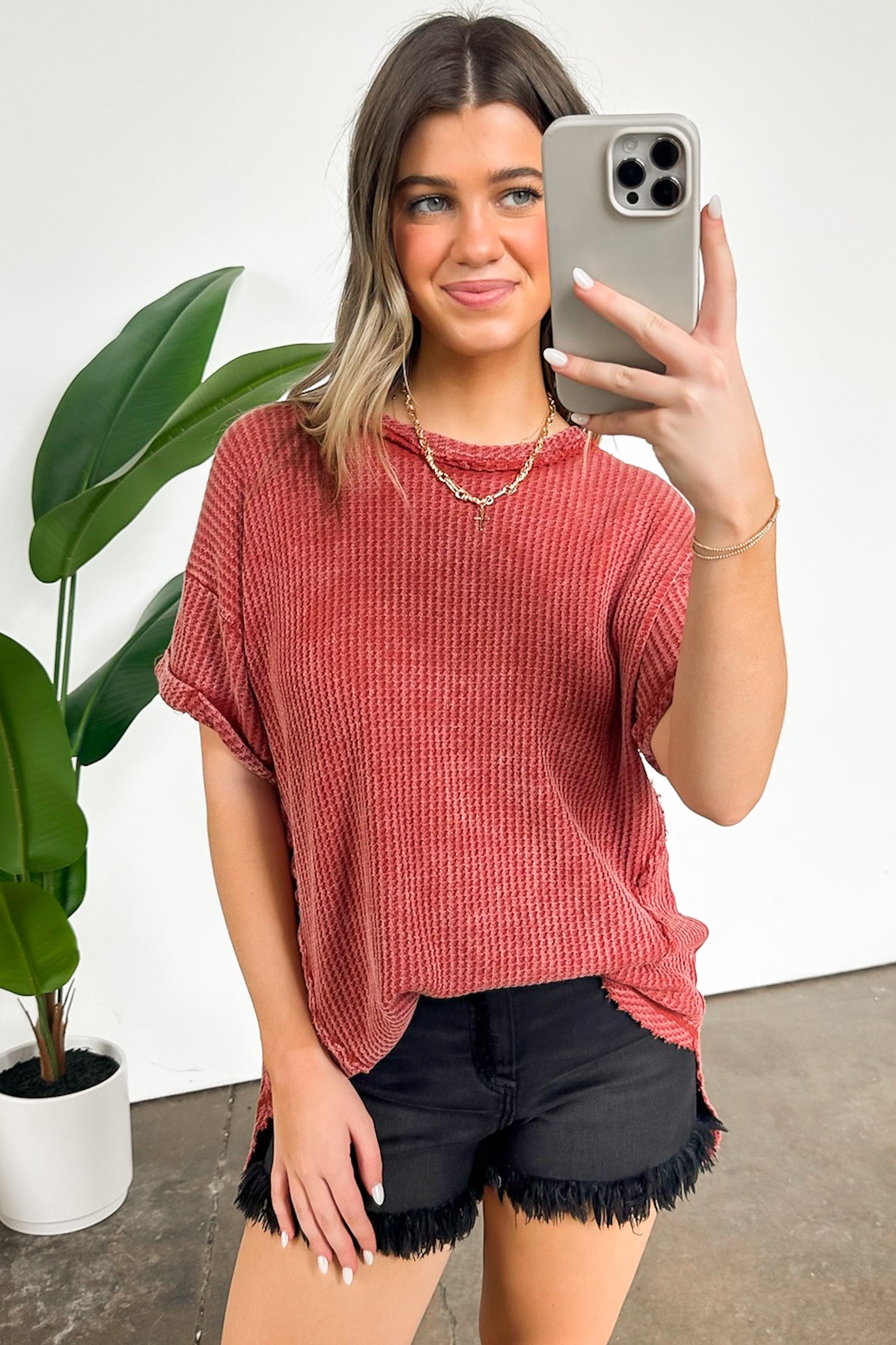  Eudorah Washed Waffle Knit Top - BACK IN STOCK - Madison and Mallory