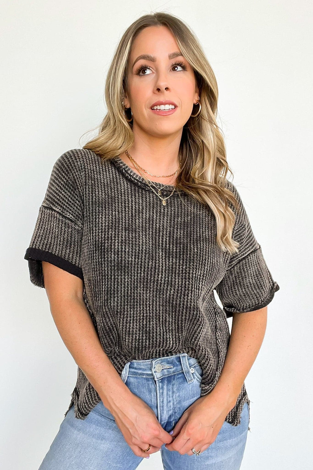 Eudorah Washed Waffle Knit Top - BACK IN STOCK - Madison and Mallory
