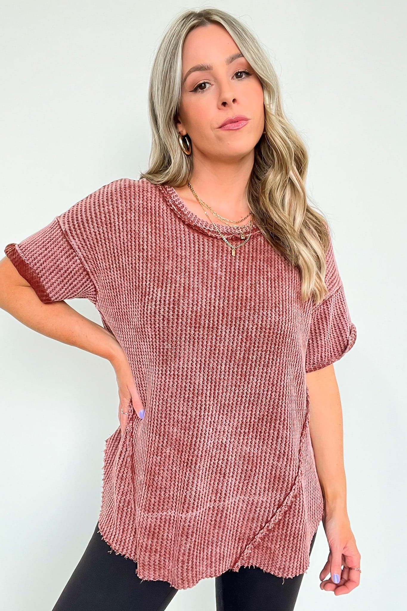  Eudorah Washed Waffle Knit Top - BACK IN STOCK - Madison and Mallory