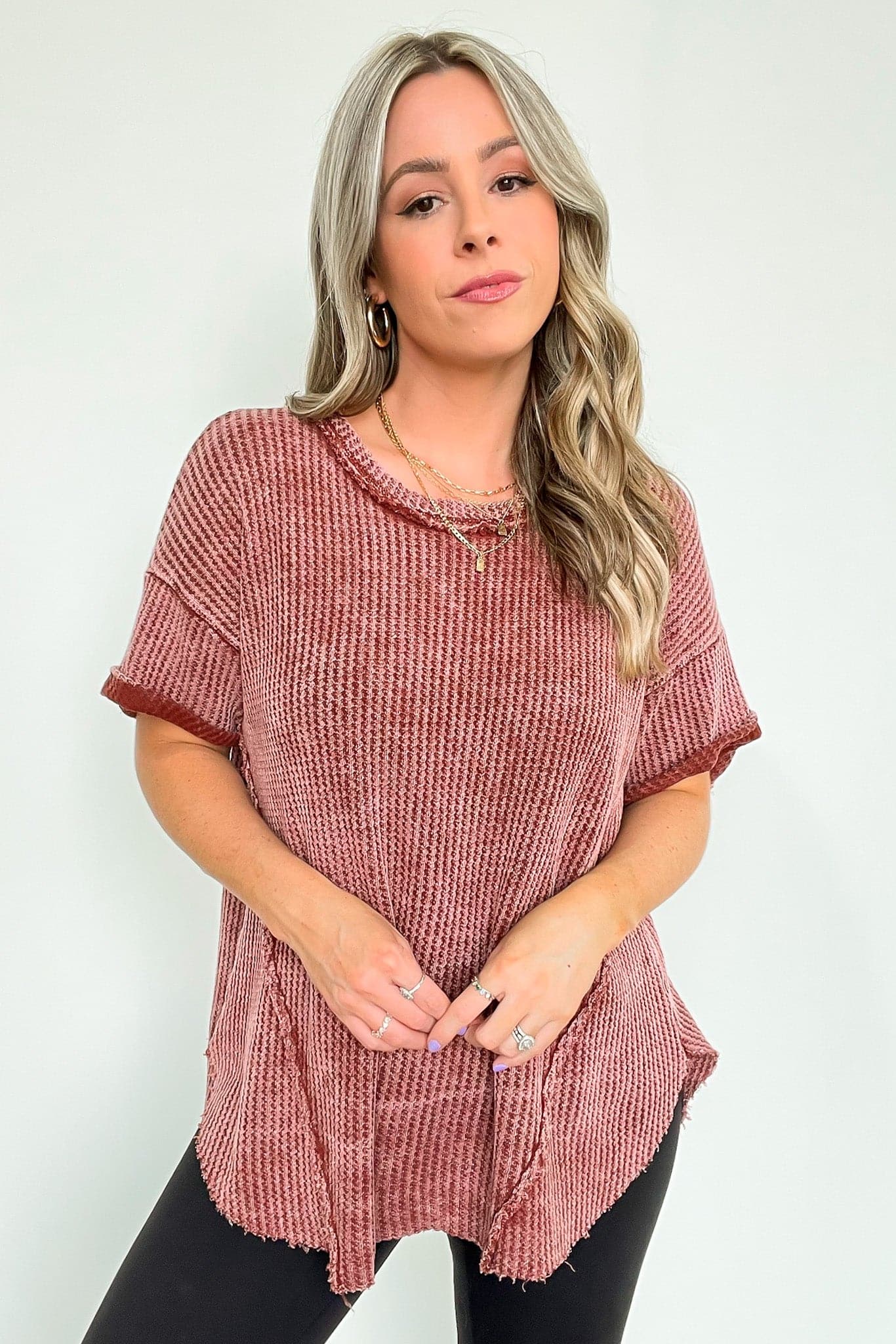  Eudorah Washed Waffle Knit Top - BACK IN STOCK - Madison and Mallory