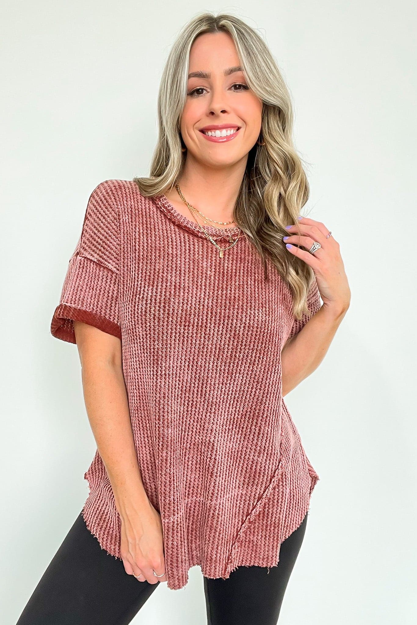 Dark Rust / SM Eudorah Washed Waffle Knit Top - BACK IN STOCK - Madison and Mallory