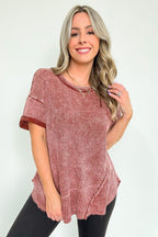 Dark Rust / SM Eudorah Washed Waffle Knit Top - Madison and Mallory