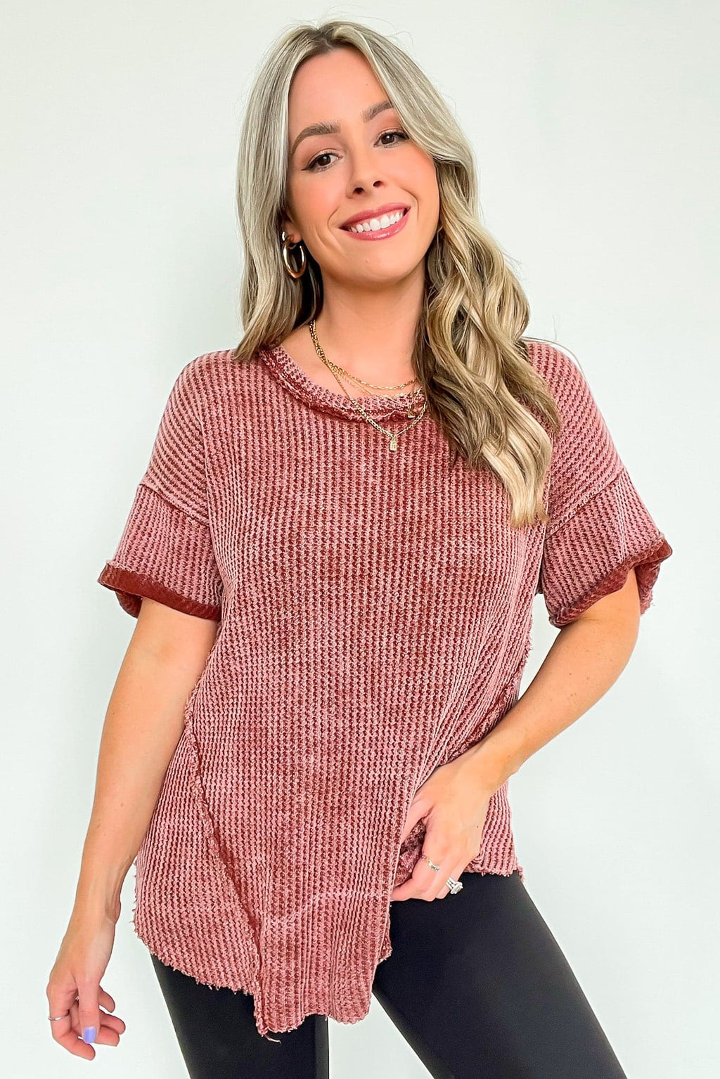  Eudorah Washed Waffle Knit Top - BACK IN STOCK - Madison and Mallory