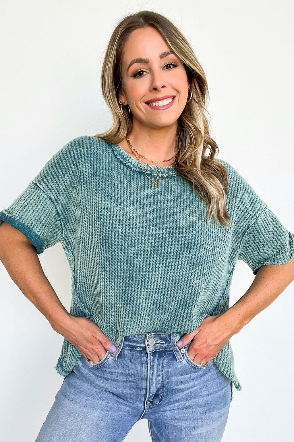  Eudorah Washed Waffle Knit Top - BACK IN STOCK - Madison and Mallory
