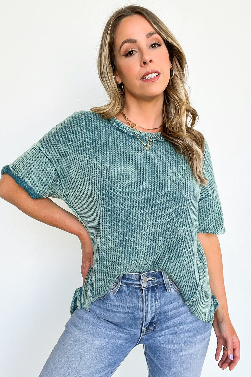 Teal / SM Eudorah Washed Waffle Knit Top - Madison and Mallory