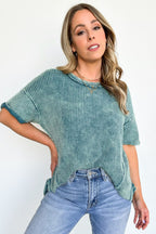 Teal / SM Eudorah Washed Waffle Knit Top - Madison and Mallory