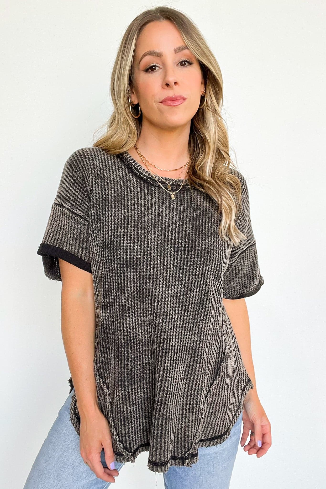 Ash Black / SM Eudorah Washed Waffle Knit Top - BACK IN STOCK - Madison and Mallory
