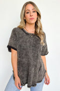 Ash Black / SM Eudorah Washed Waffle Knit Top - BACK IN STOCK - Madison and Mallory