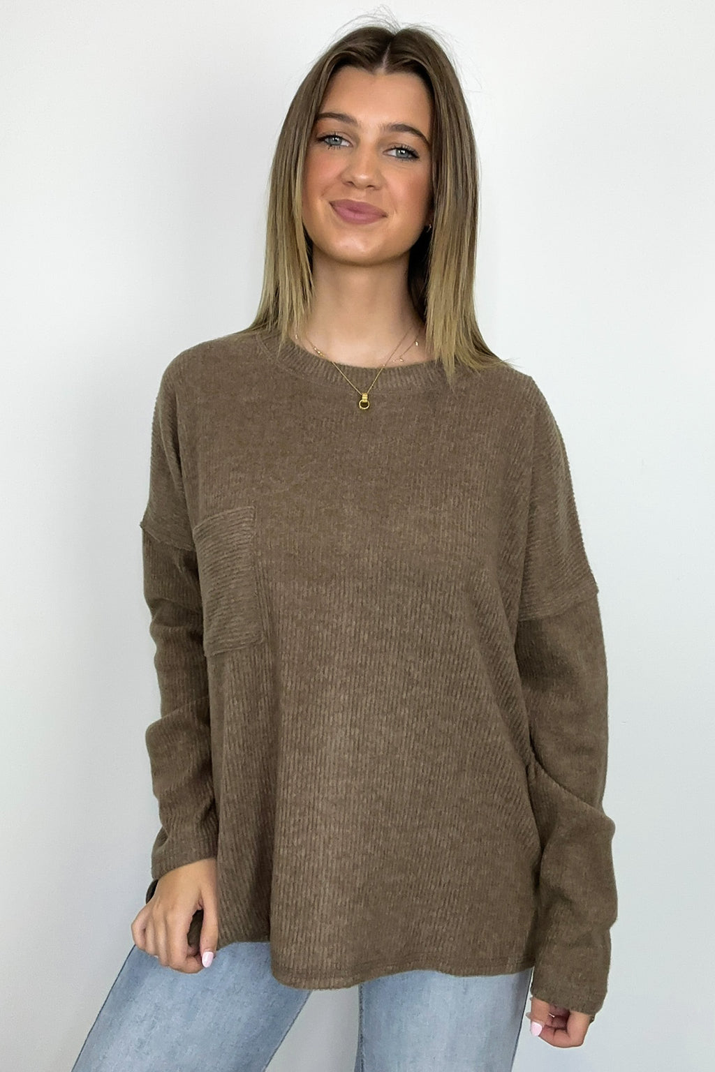  Evangelia Ribbed Brushed Knit Pocket Top - BACK IN STOCK - Madison and Mallory