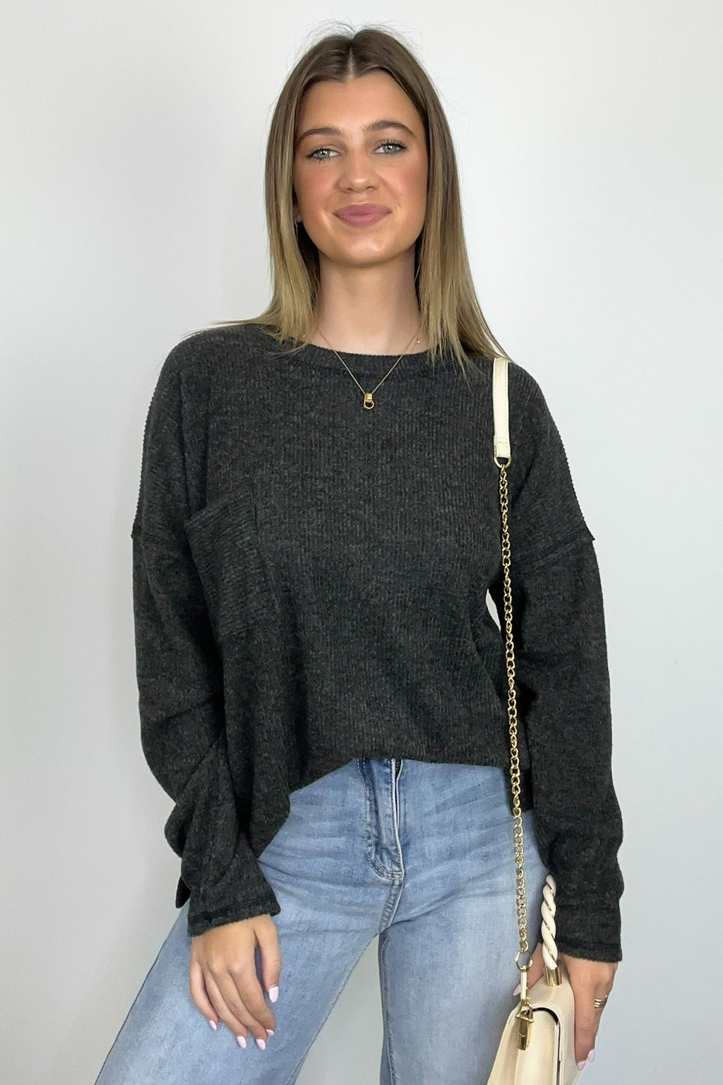 Black / S Evangelia Ribbed Brushed Knit Pocket Top - FINAL SALE - Madison and Mallory