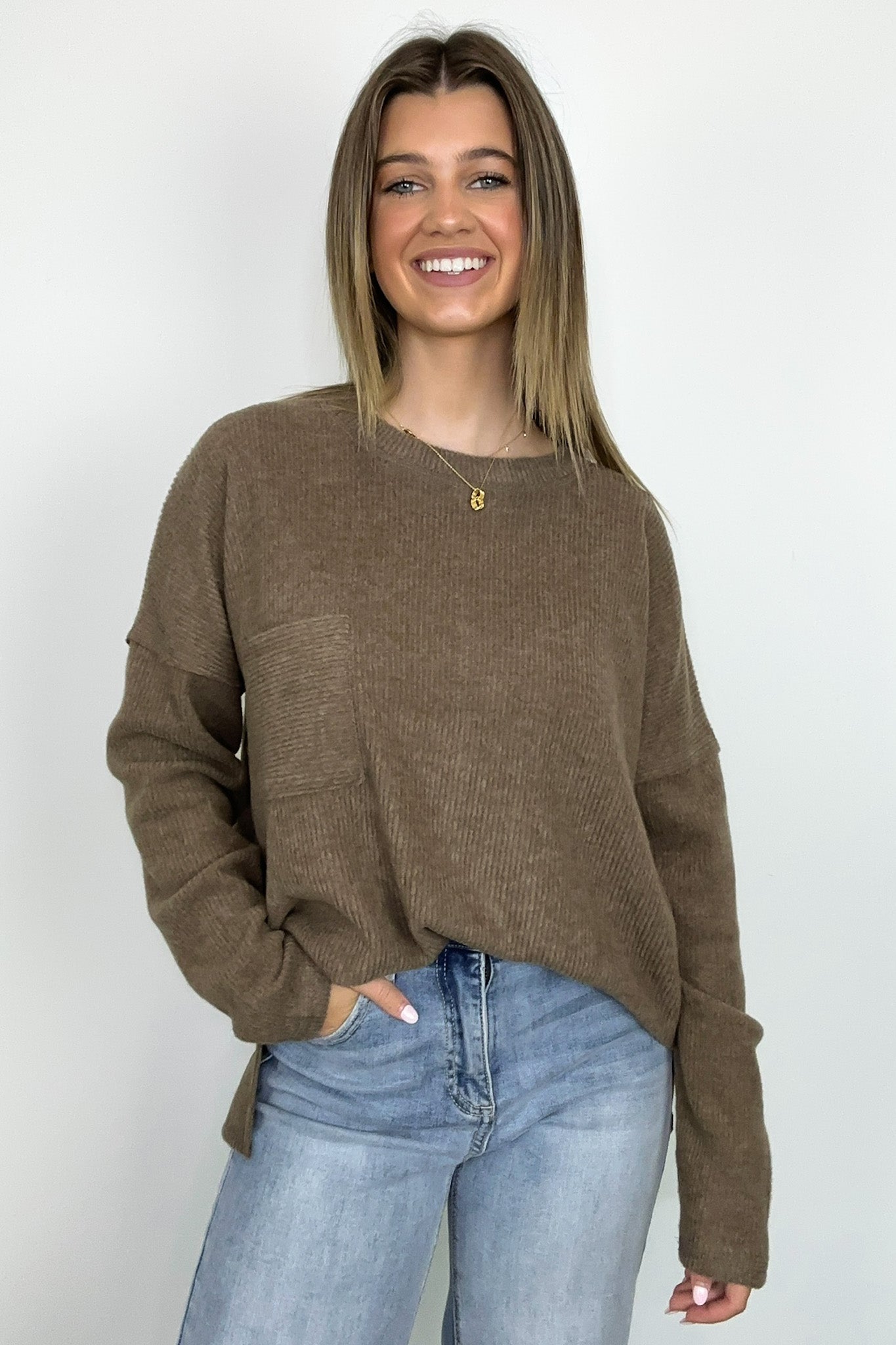 Mocha / S Evangelia Ribbed Brushed Knit Pocket Top - BACK IN STOCK - Madison and Mallory