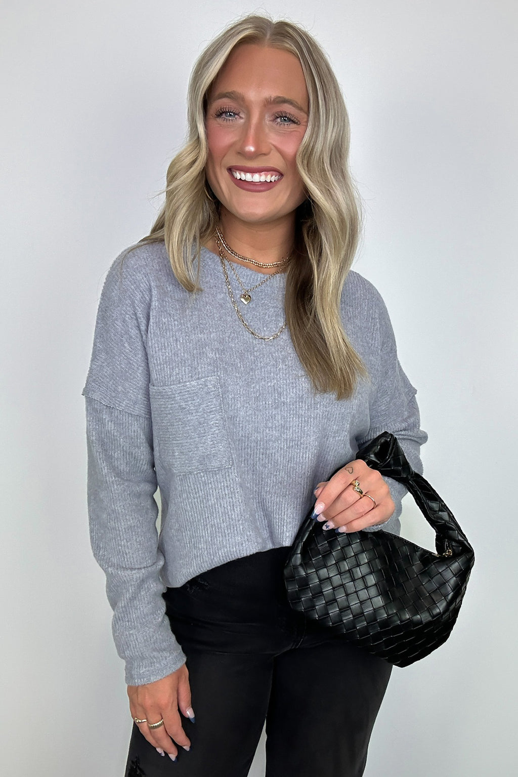 Heather Gray / S Evangelia Ribbed Brushed Knit Pocket Top - FINAL SALE - Madison and Mallory