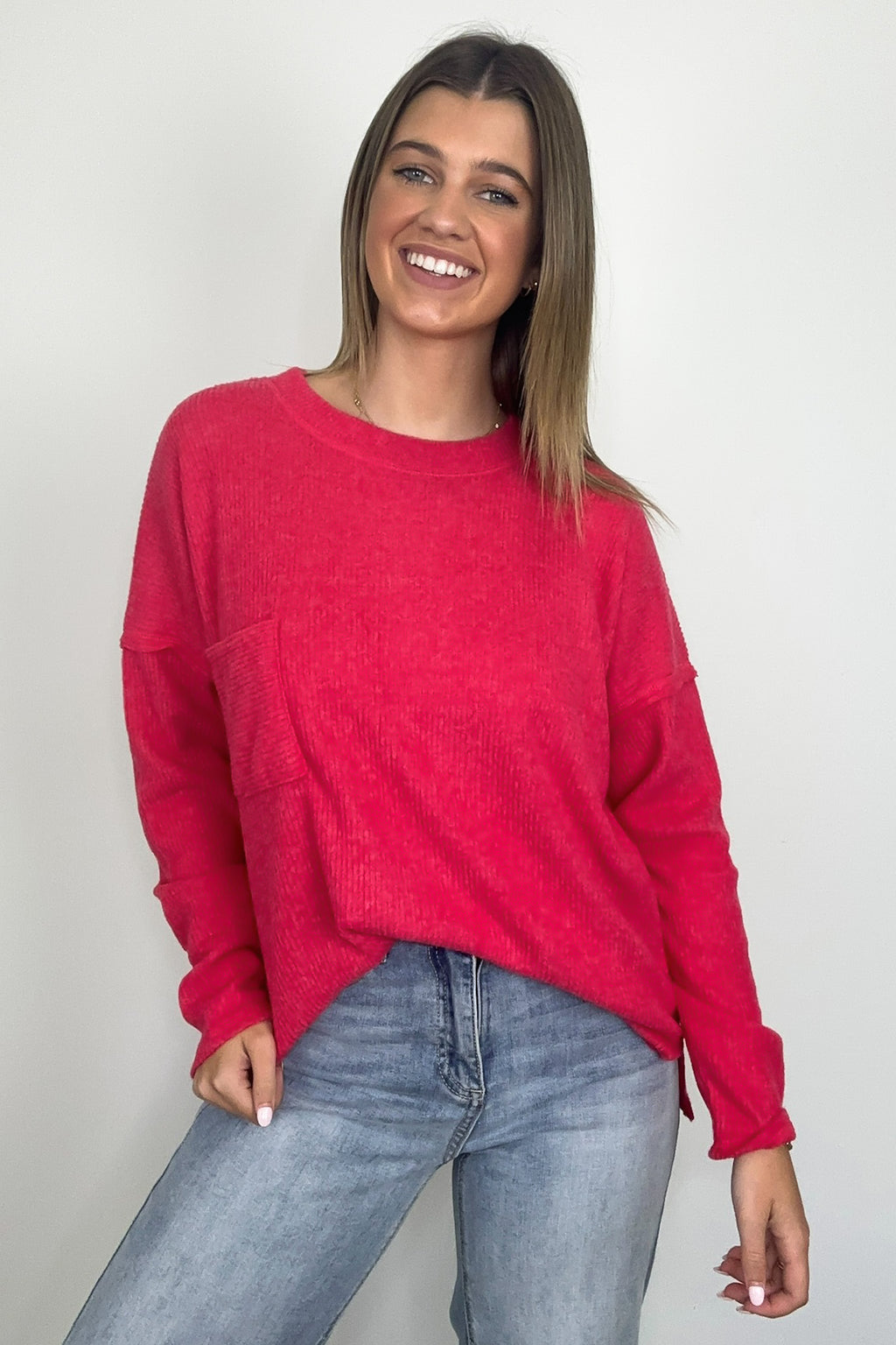 Viva Magenta / S Evangelia Ribbed Brushed Knit Pocket Top - FINAL SALE - Madison and Mallory