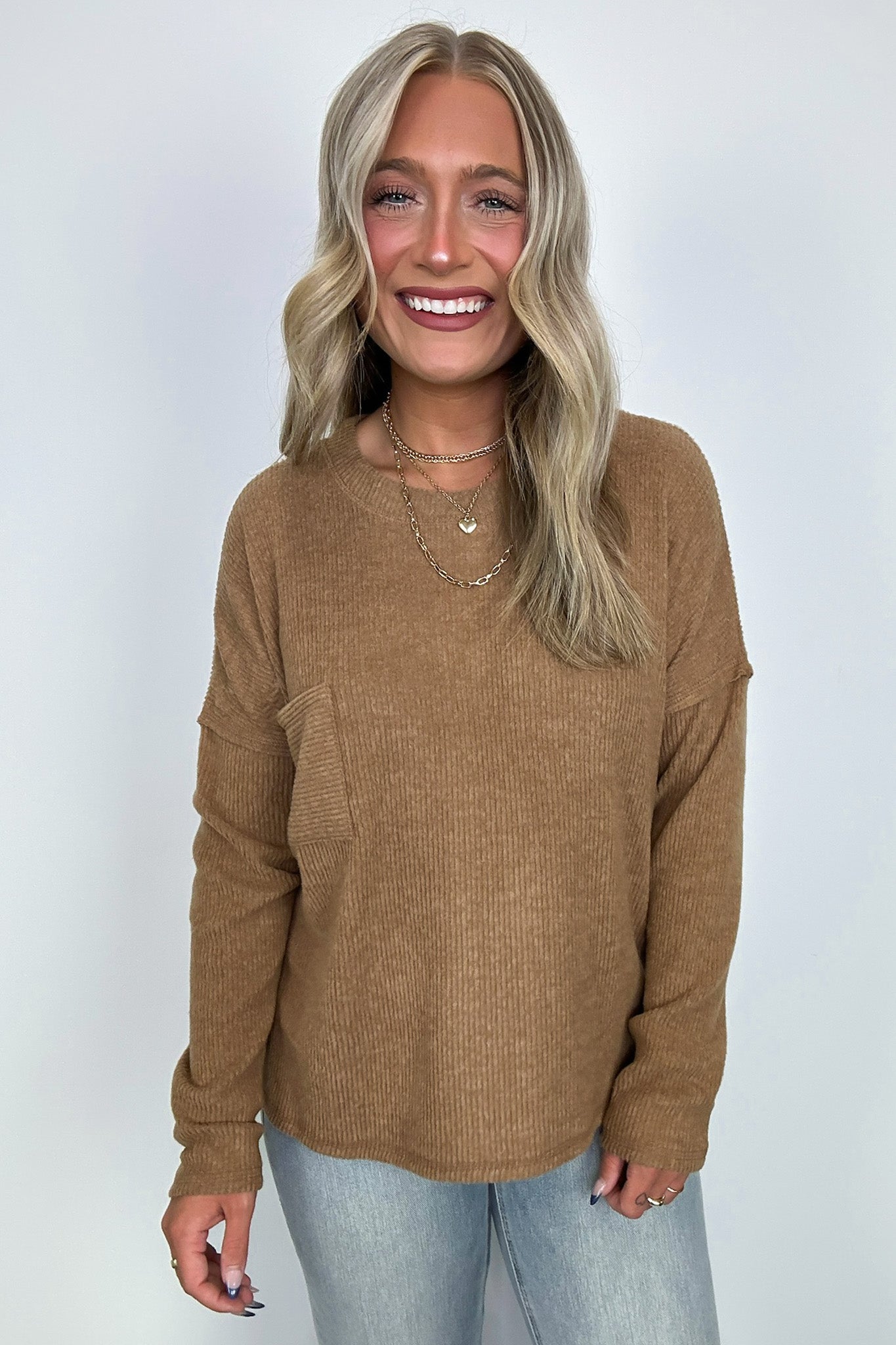  Evangelia Ribbed Brushed Knit Pocket Top - BACK IN STOCK - Madison and Mallory