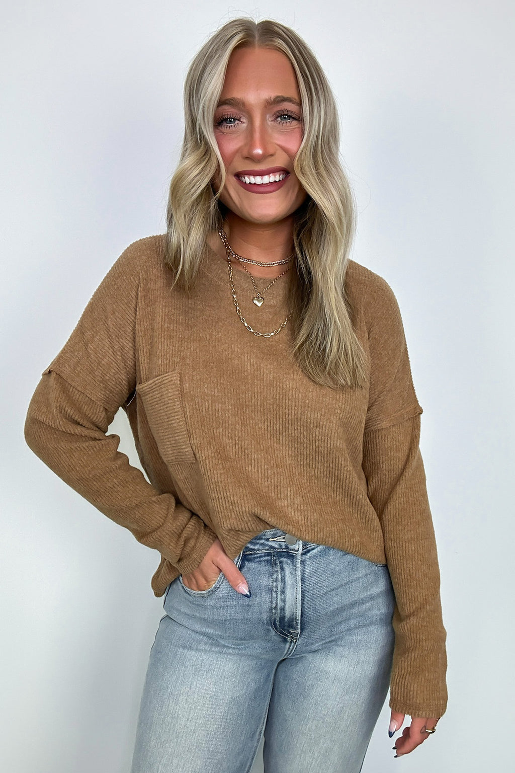 Evangelia Ribbed Brushed Knit Pocket Top - FINAL SALE - Madison and Mallory