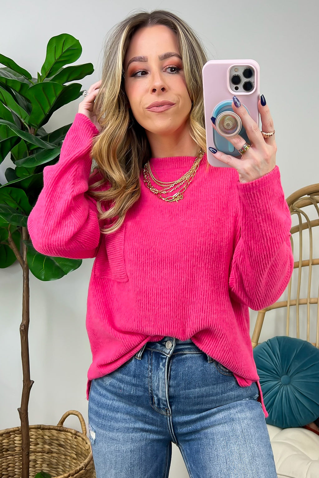 Fuchsia / S Evangelia Ribbed Brushed Knit Pocket Top - FINAL SALE - Madison and Mallory