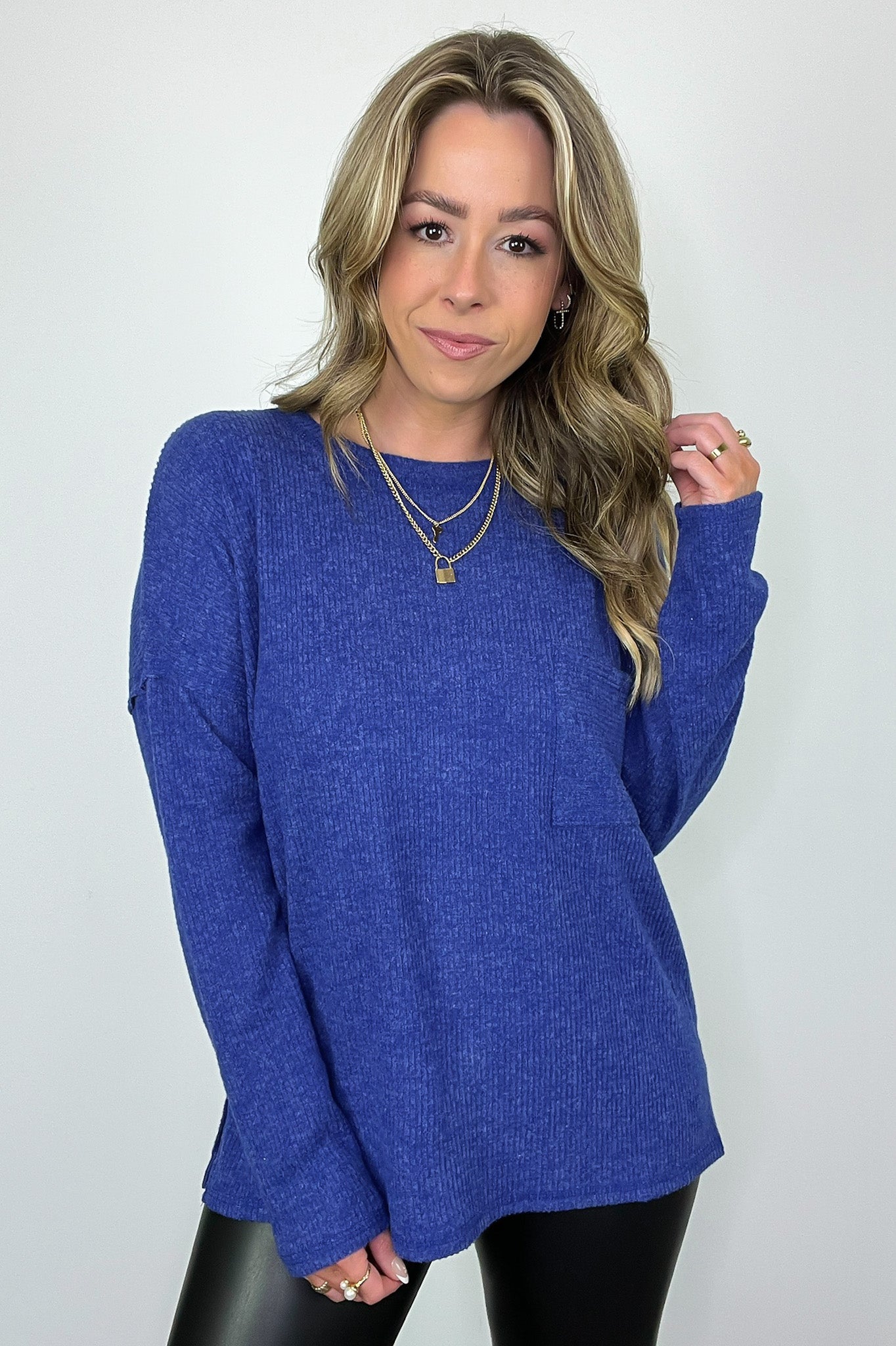 Bright Blue / S Evangelia Ribbed Brushed Knit Pocket Top - BACK IN STOCK - Madison and Mallory