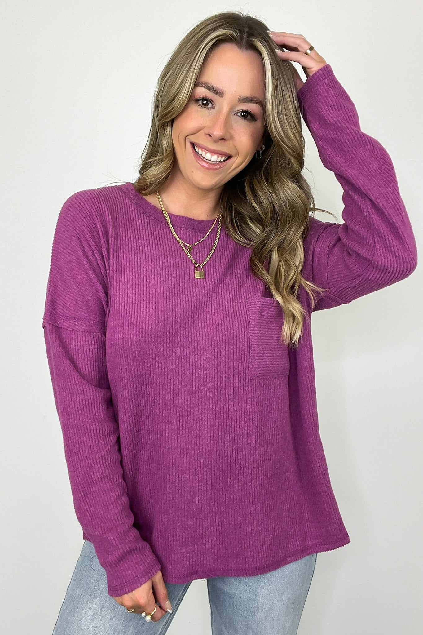  Evangelia Ribbed Brushed Knit Pocket Top - BACK IN STOCK - Madison and Mallory