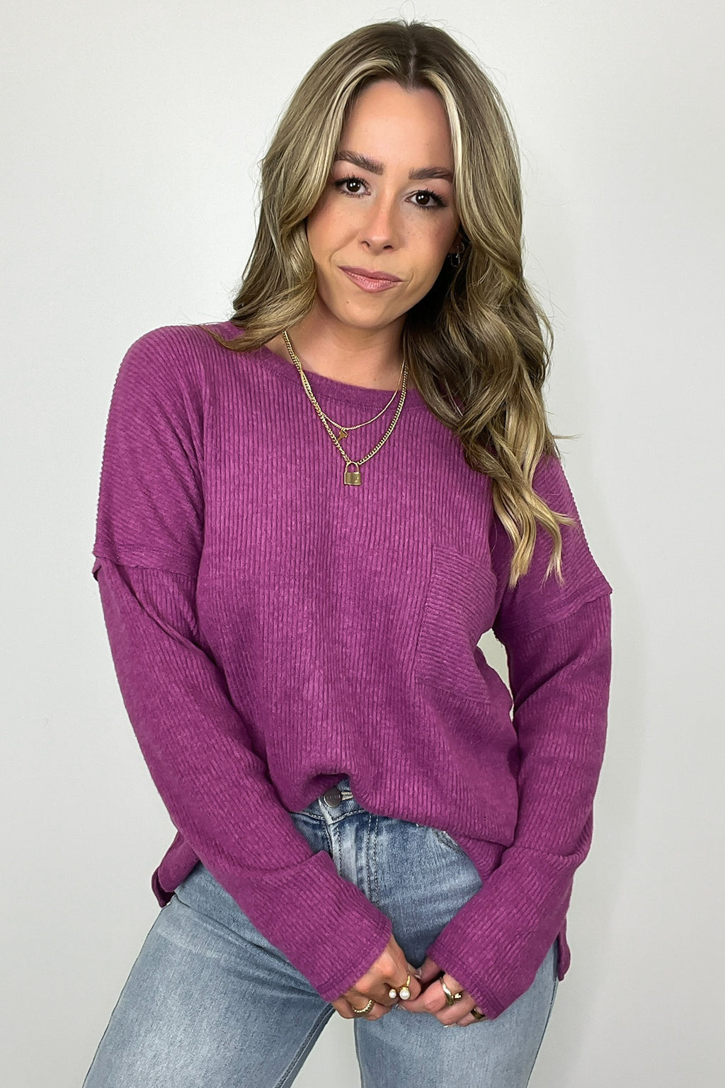 Light Plum / S Evangelia Ribbed Brushed Knit Pocket Top - FINAL SALE - Madison and Mallory