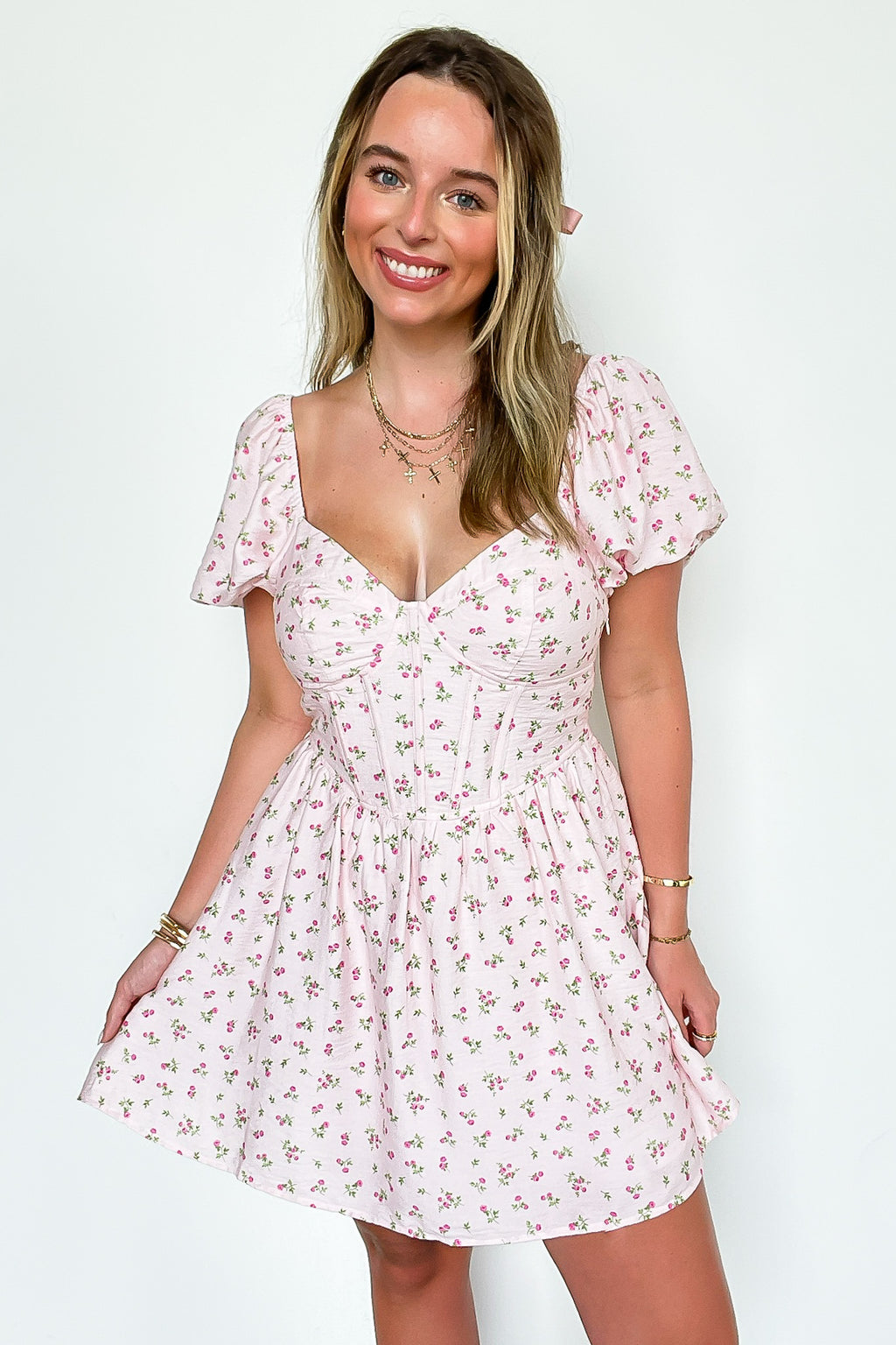 XS / Light Pink Evangeline Puff Sleeve Sweetheart Neckline Bustier Dress - Madison and Mallory