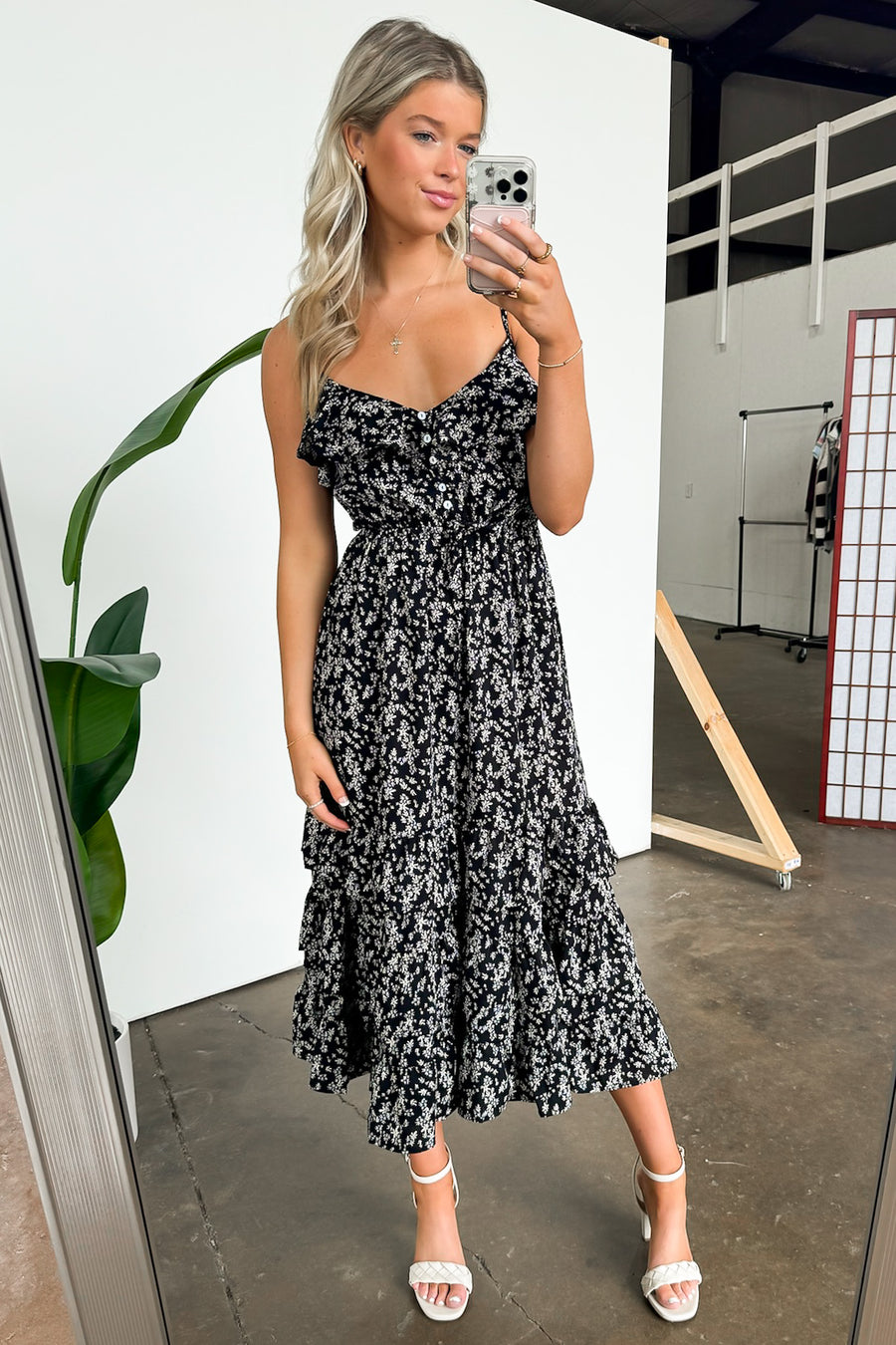 S / Black Everly Floral Tiered Midi Dress - Madison and Mallory