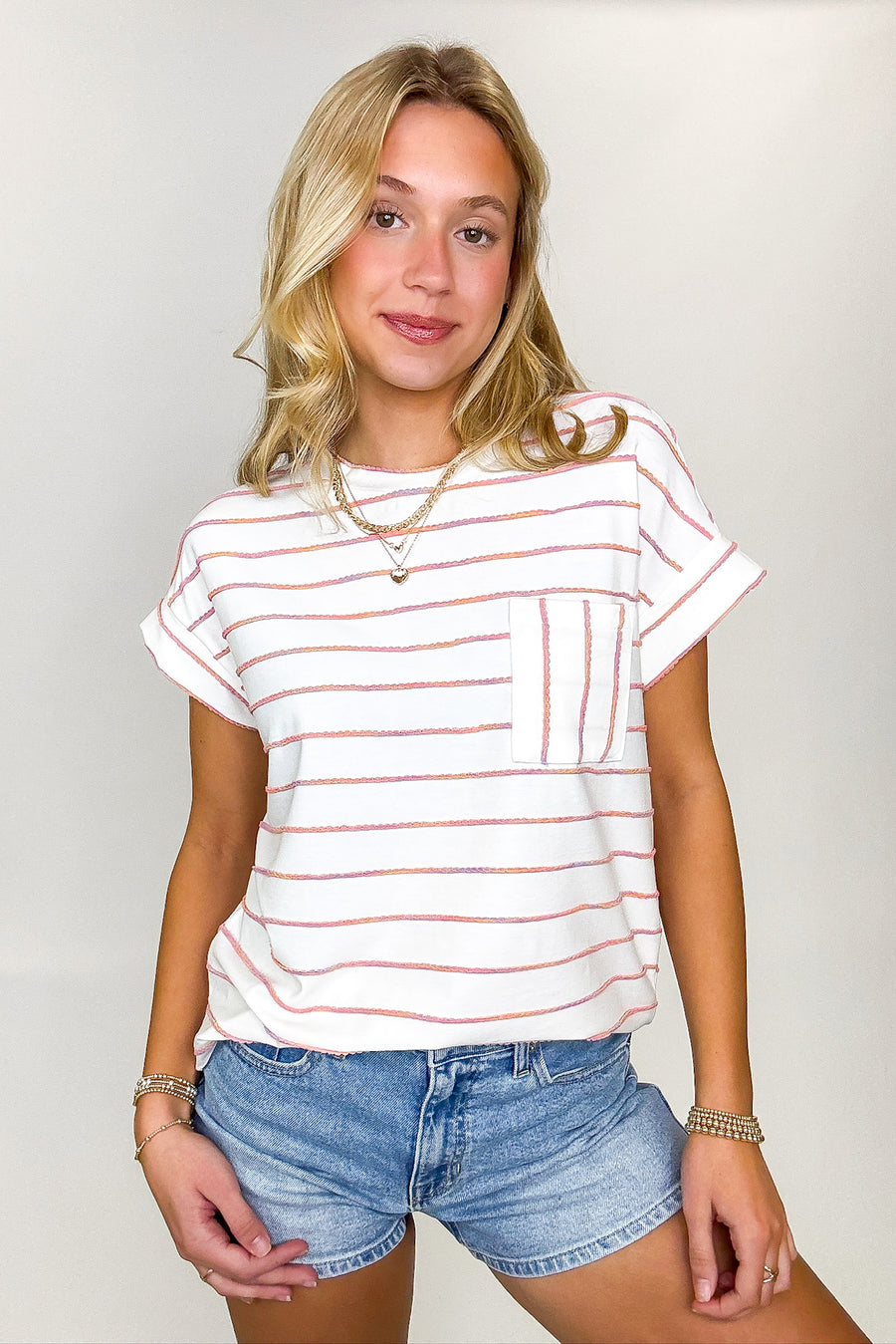 Ivory/Peach / S Everyday Lines Striped Pocket Top - Madison and Mallory