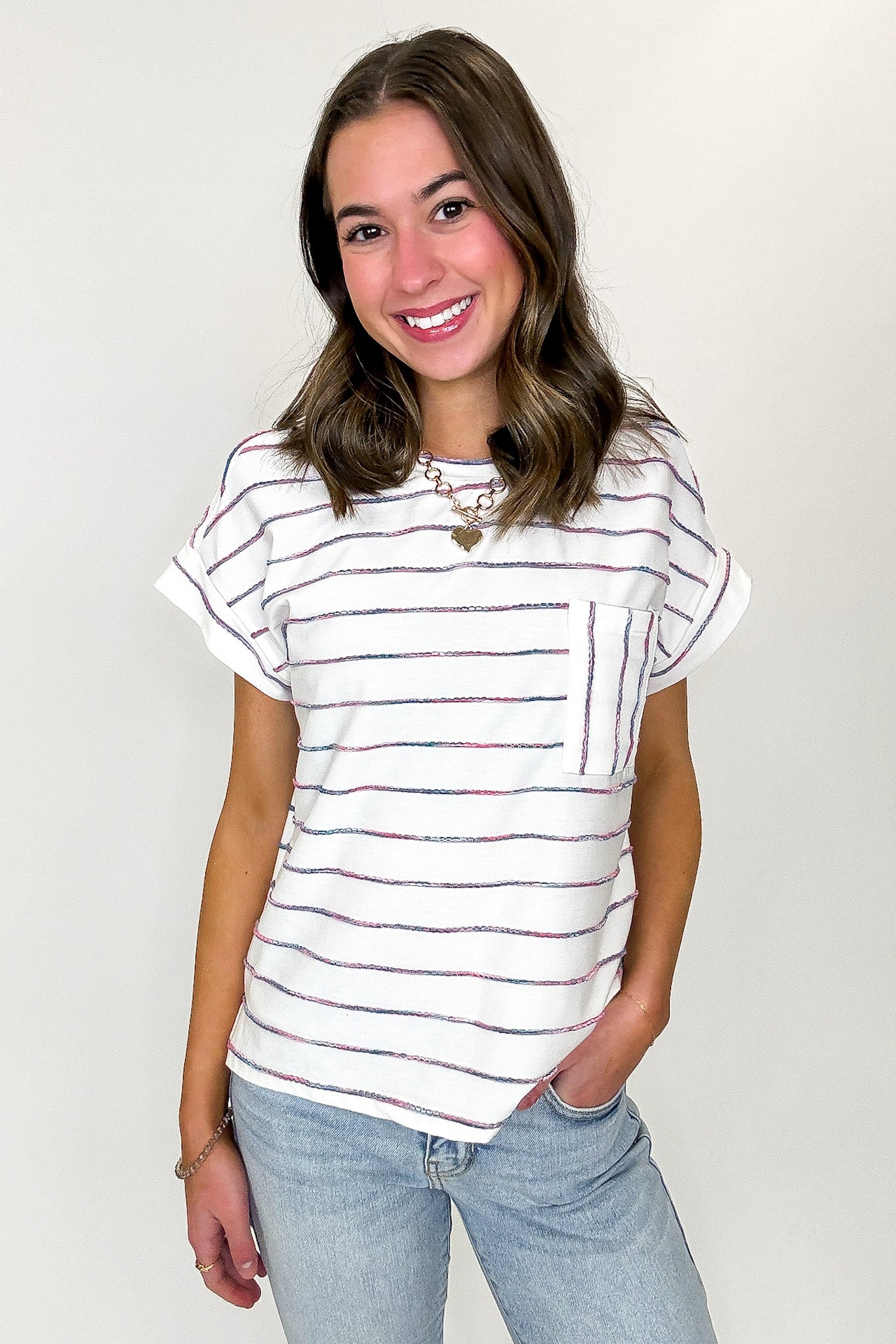 Ivory/Teal / S Everyday Lines Striped Pocket Top - Madison and Mallory