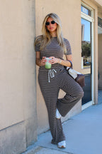 Everyday Ease Striped Lounge Set in brown stripe, full length leaning on a wall