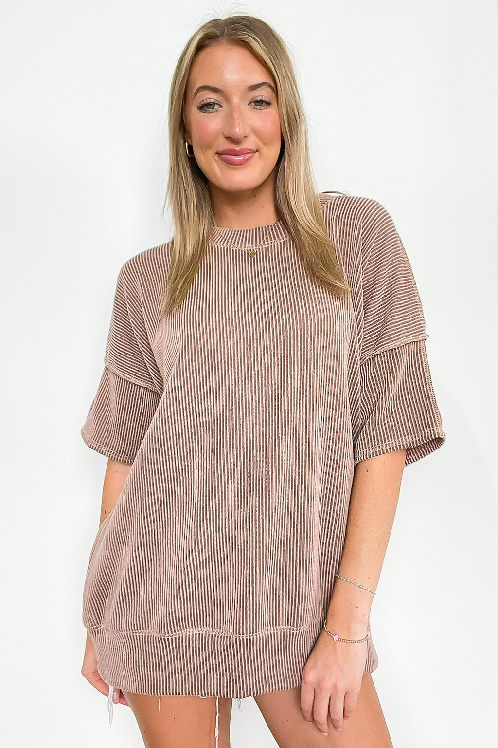 Khaki / SM Evianna Stitch Detail Short Sleeve Relaxed Top - BACK IN STOCK - Madison and Mallory